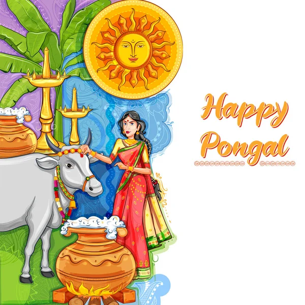 Feliz Fiesta de la Vendimia de Pongal Festival de Tamil Nadu Sur de la India saludando fondo — Vector de stock