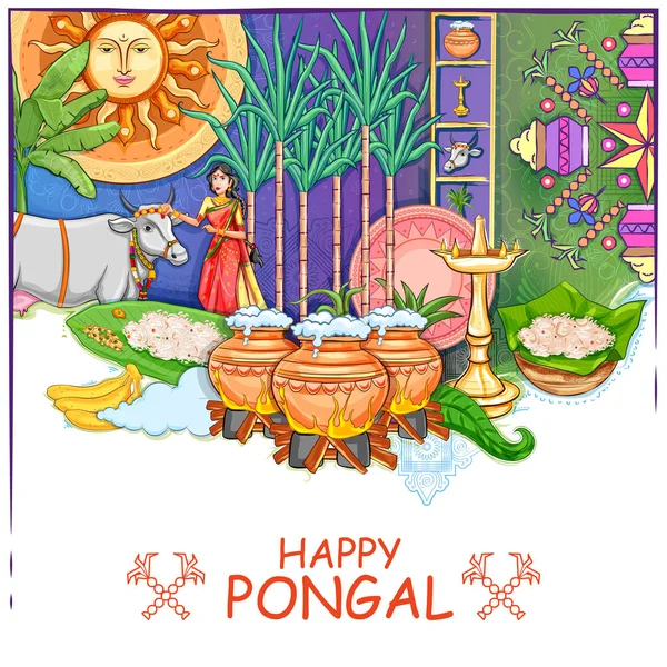 Feliz Fiesta de la Vendimia de Pongal Festival de Tamil Nadu Sur de la India saludando fondo — Vector de stock