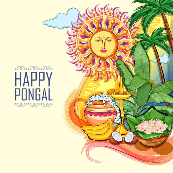 Feliz Fiesta de la Vendimia de Pongal Festival de Tamil Nadu Sur de la India saludando fondo — Vector de stock