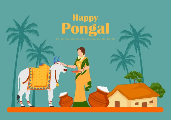 Happy Pongal Holiday Harvest Festival of Tamil Nadu South India greeting background — Stock Vector