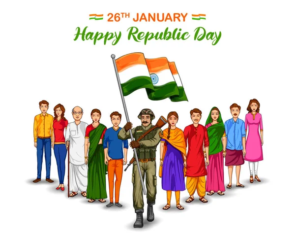Indiase leger soldaat natie held op trotse achtergrond voor Happy Republic Day of India — Stockvector
