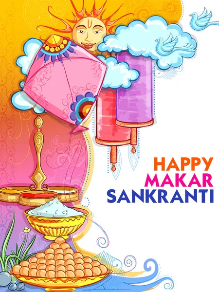 Makar Sankranti tapet med färgglada drake för festival i Indien — Stock vektor