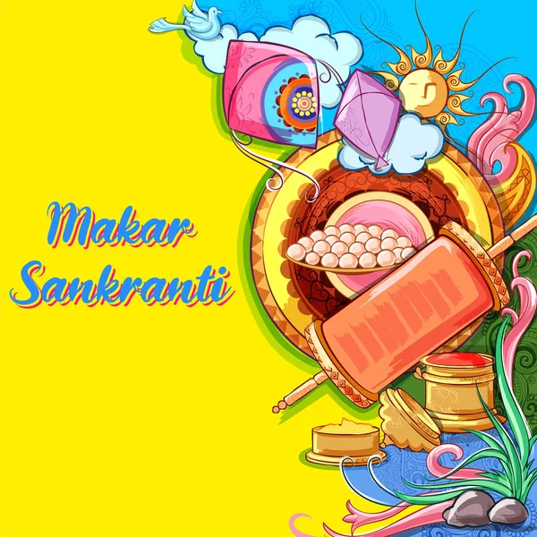 Makar Sankranti tapety s barevným drakem pro festival Indie — Stockový vektor