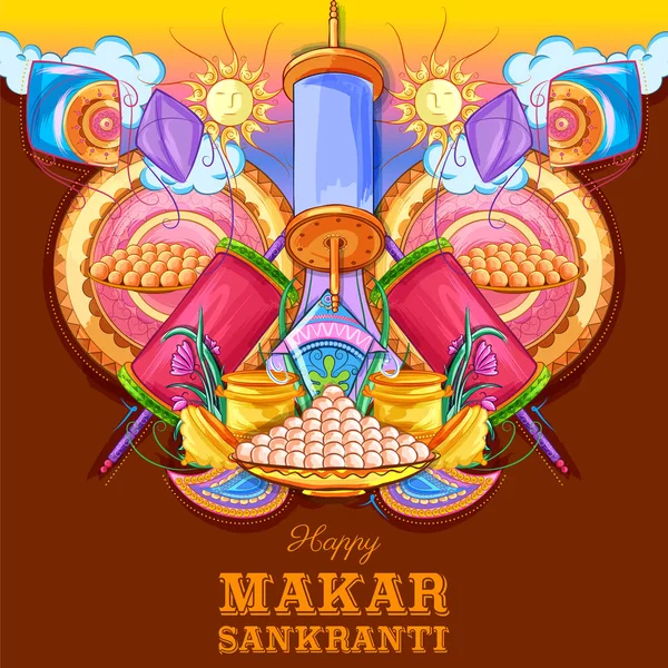 Makar Sankranti壁纸，彩色风筝，用于印度节庆 — 图库矢量图片