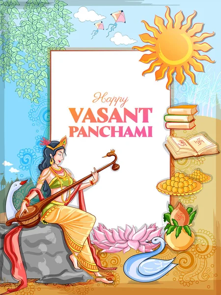 Dea della Sapienza Saraswati per Vasant Panchami India festival sfondo — Vettoriale Stock