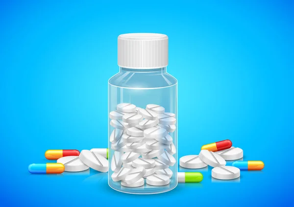 Píldora de la medicina en botella transparente sobre antecedentes médicos del mortal brote epidémico de Coronavirus 19 — Vector de stock
