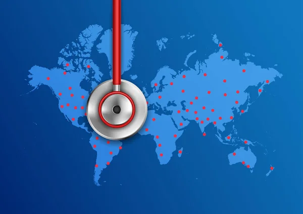 Concepto de formación médica que muestra el Día Mundial de la Salud con estetoscopio en el mapa mundial — Vector de stock