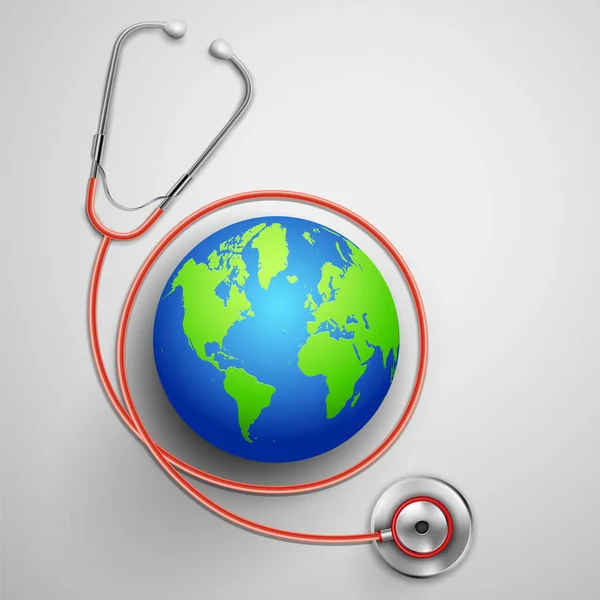 Medical background showing World Health Day with stethoscope around Earth — Stock Vector