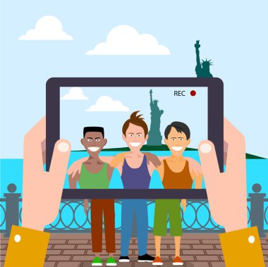 Fotoğraf neşeli insan heykeli özgürlük arka planı 