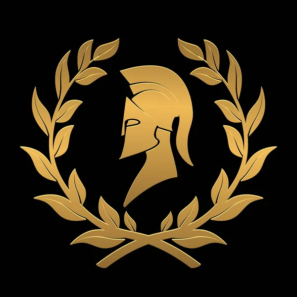 Icono del casco espartano en una corona de laurel de oro — Vector de stock