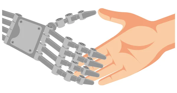 Handshake ręczne mechaniczne robota i ręka osoby — Wektor stockowy