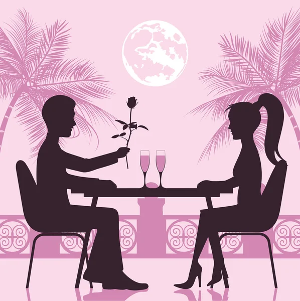 O tipo e a rapariga tiveram uma reunião romântica no restaurante. Dia de São Valentim —  Vetores de Stock
