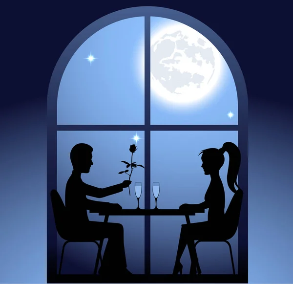 Guy e la ragazza un incontro romantico al ristorante. Il giorno di S. Valentino — Vettoriale Stock