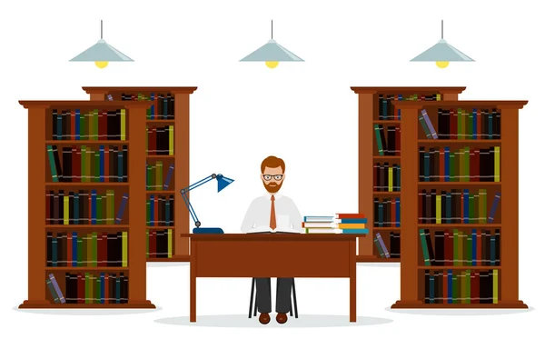 Man in library. Concept of education. Reading in library a vector illustration. — Stock Vector