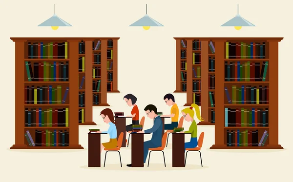 People in library. Concept of education. Reading in library a vector illustration. — Stock Vector