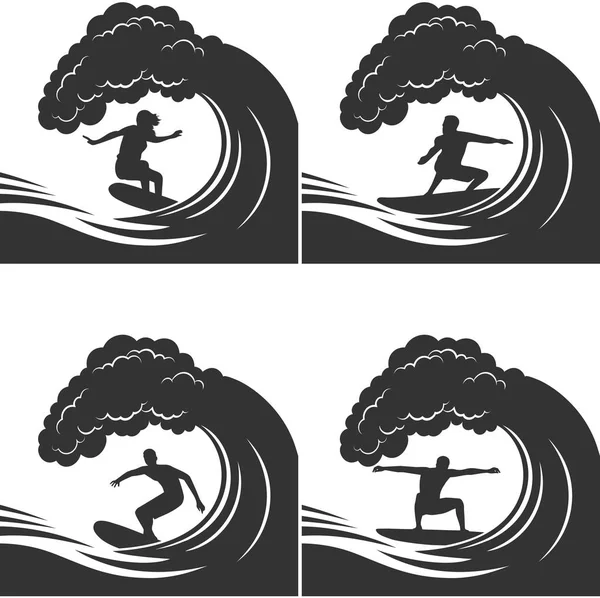 Sörfçü bir dalga tek renkli set — Stok Vektör