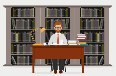 Kütüphane adam. Eğitim kavramı. Kitaplıktaki bir vektör çizim okuma. 