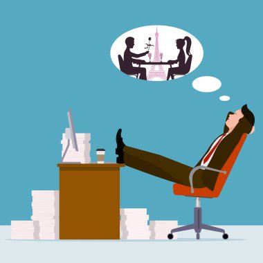 Ofis çalışanı, romantik bir toplantı rüya. Düz stil vektör çizim. 