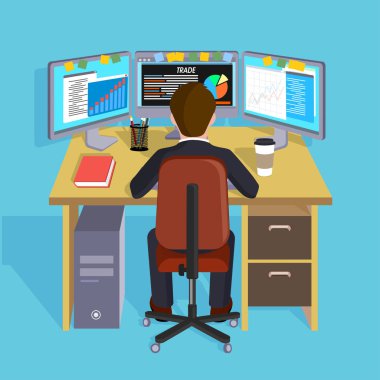 Bilgisayarda çalışan kişi. Düz stil vektör çizim. 