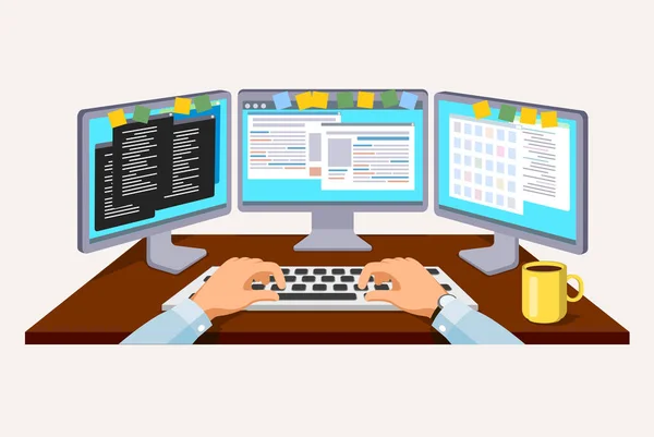 Person working at the computer. Flat style vector illustration. — Stock Vector