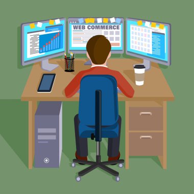 Bilgisayarda çalışan kişi. Kavram ticaret Internet. Düz vektör çizim stili. 