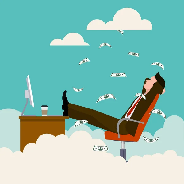 Gerente sonhando sentado em uma nuvem. uma chuva de notas de dólar. ilustração vetorial de estilo plano — Vetor de Stock