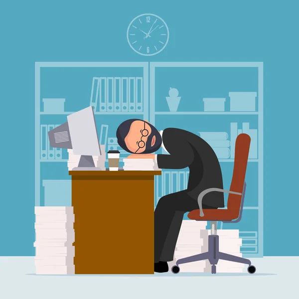 Komische beeld van de beambte die in slaap is gevallen op een werkplek, vectorillustratie. — Stockvector
