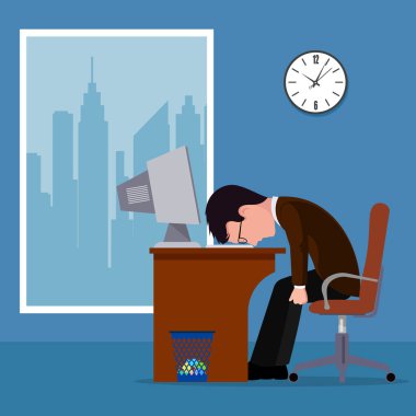 Bir işyeri, vektör çizim uykuya düşmüş ofis çalışanı, komik resim. 