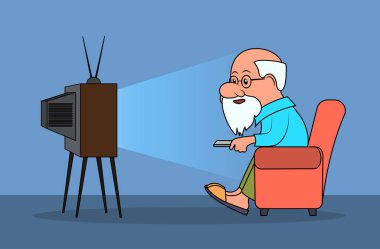 Komik karikatür, ihtiyar bir adamın Tv izliyor.. 