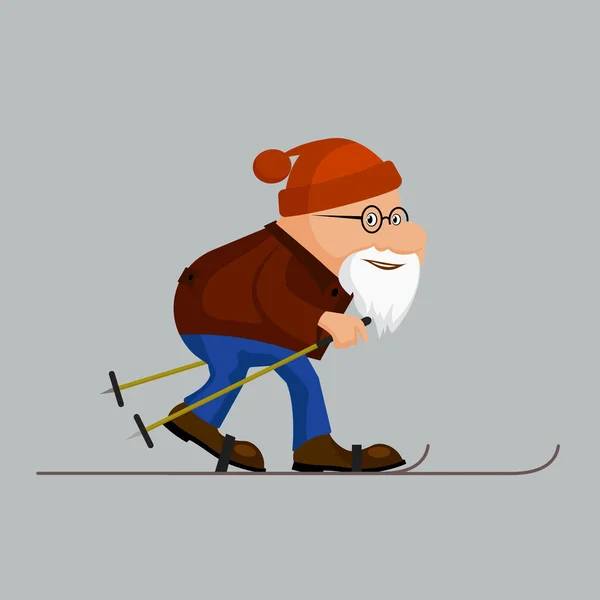 Ridiculous caricature, the elderly man on skis. — Stock Vector