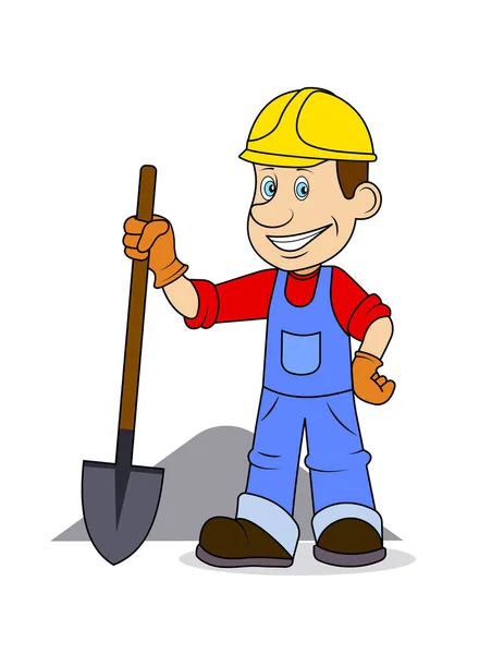 Ridiculous caricature the cheerful worker with the tool in hands. — Stock Vector