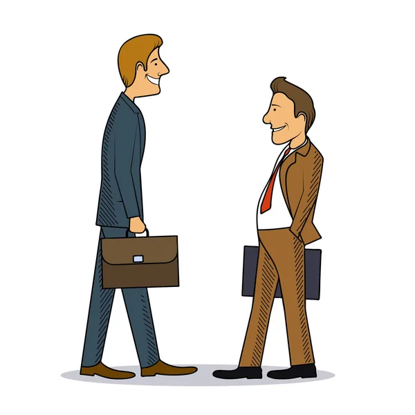 Meeting of two businessmen colourful caricature vector illustration. — Stock Vector