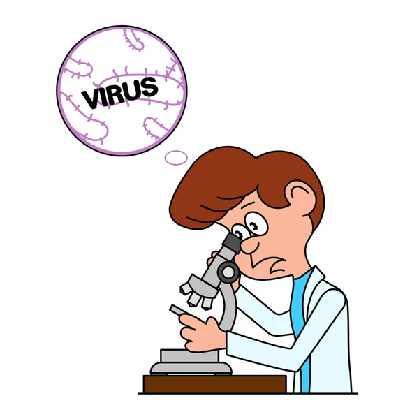 Caricatura ridícula o biólogo olha em um microscópio uma ilustração de vetor . — Vetor de Stock
