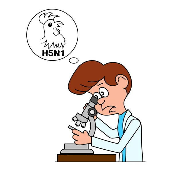 Caricatura ridícula o biólogo olha em um microscópio uma ilustração de vetor . — Vetor de Stock