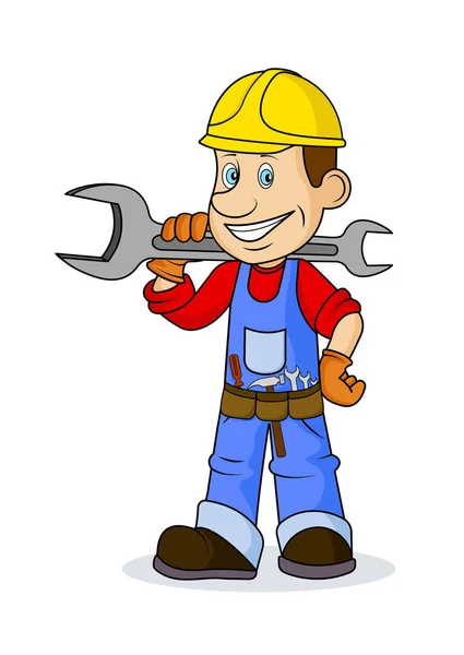 Löjligt karikatyr glada arbetstagaren med verktyget i händer. — Stock vektor