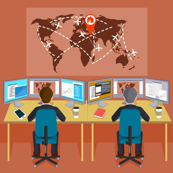 People on a workplace before the world map with indexes of the transport directions flat style a vector illustration. — Stock Vector