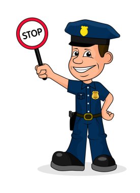 Neşeli polis tutan bir işareti dur, vektör çizim.