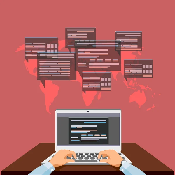 The person at the computer, the concept of work in network, development of program providing, a vector illustration. — Stock Vector