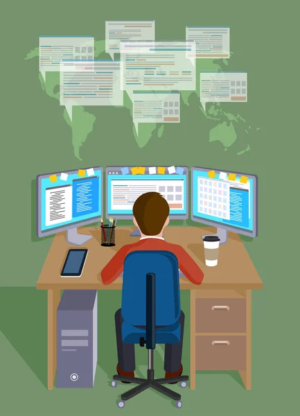 Person at the computer, the concept of work in networks,vector illustration. — Stock Vector