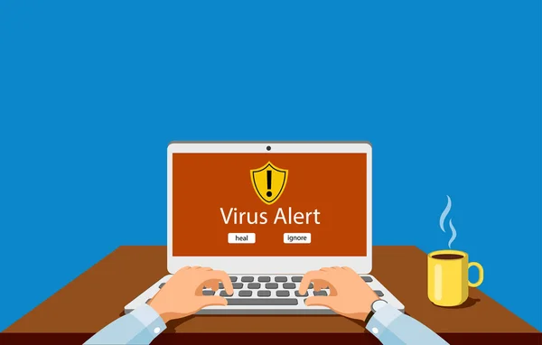 Person at the computer Virus notification concept of virus protection. — Stock Vector