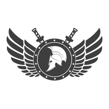 Askeri kanat arasında bir tahta bir Spartalı kask sembolü.