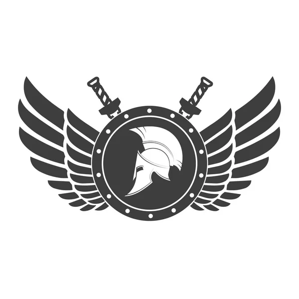 Vojenský symbol Spartan helmu na desce s mezi křídly. — Stockový vektor