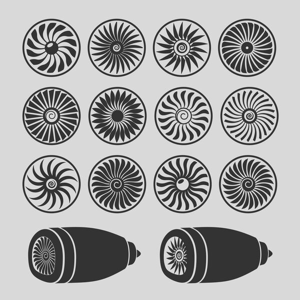 Blades of turbines of the engine of the plane, monochrome icons.