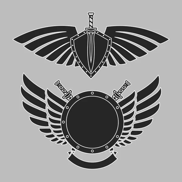 Στρατιωτικό σύμβολο ένα ξίφος σε ένα Διοικητικό Συμβούλιο μεταξύ φτερά. — Διανυσματικό Αρχείο