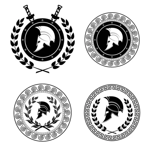 Símbolo de un casco espartano es emitido por un ornamento en el estilo griego . — Vector de stock