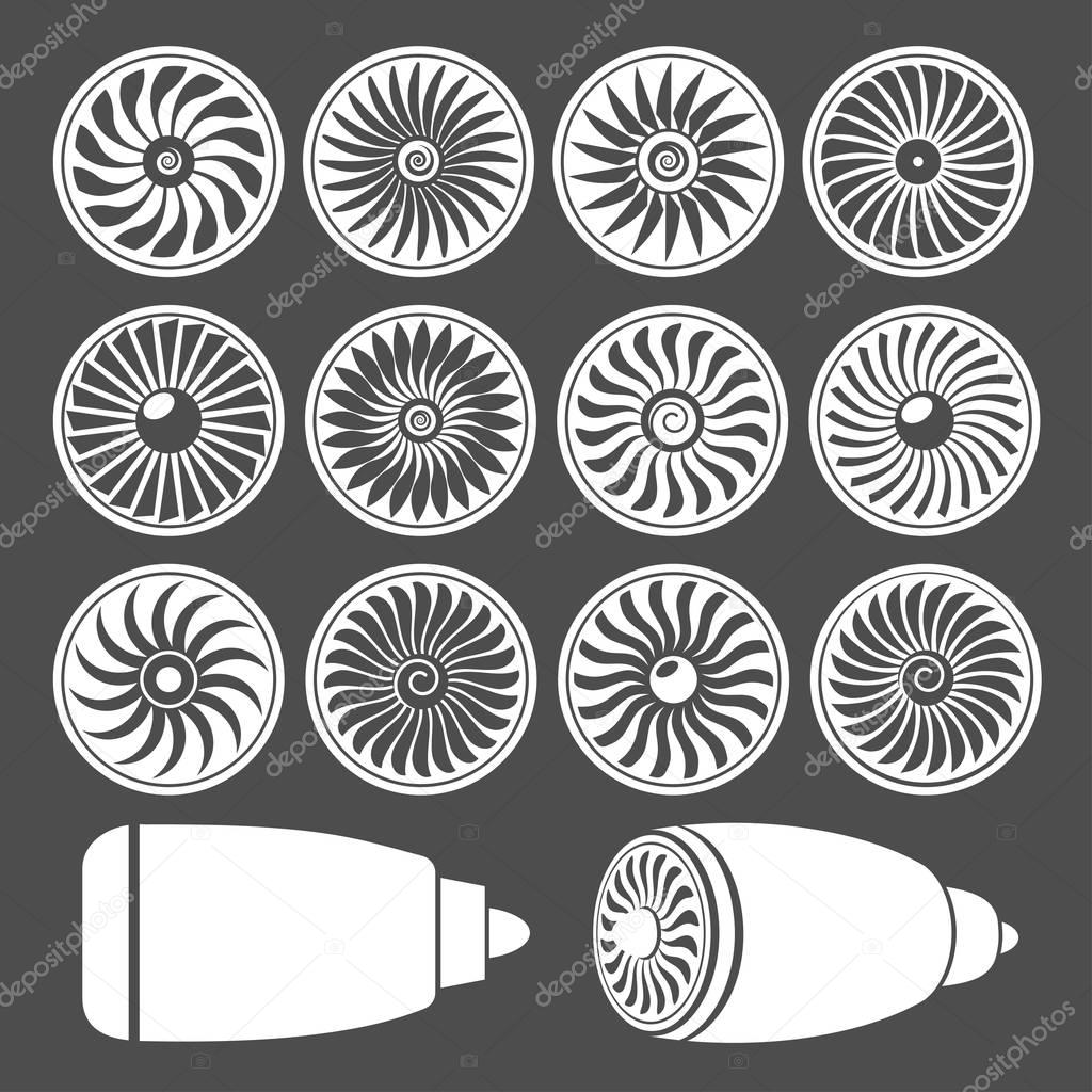 Blades of turbines of the engine of the plane, monochrome icons.