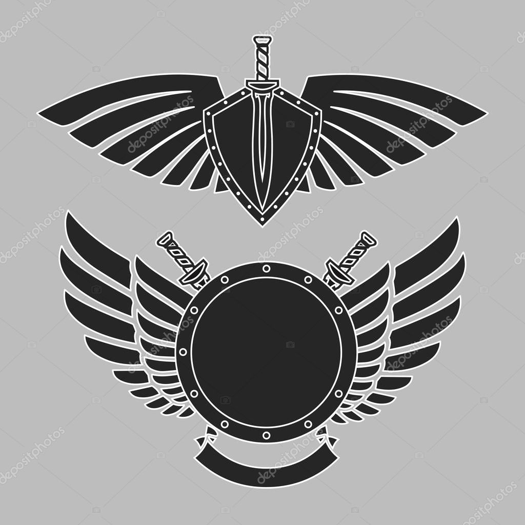  Military  symbol  a sword on a board among wings  Stock 