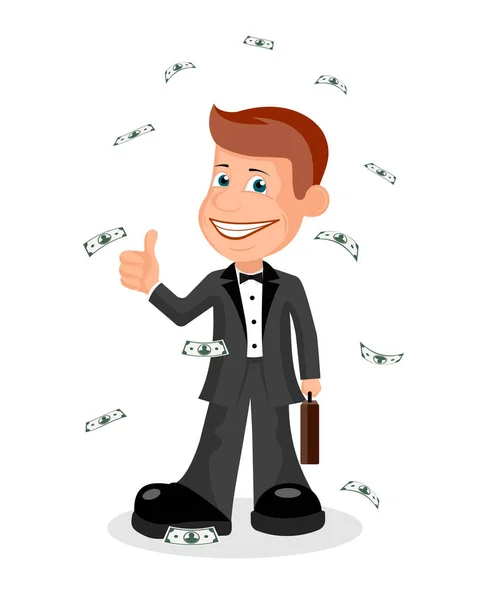 Successful businessman among the falling dollar bills. — Stock Vector