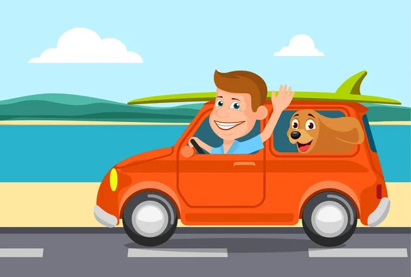 Travel on the car, a vector illustration flat style. — Stock Vector