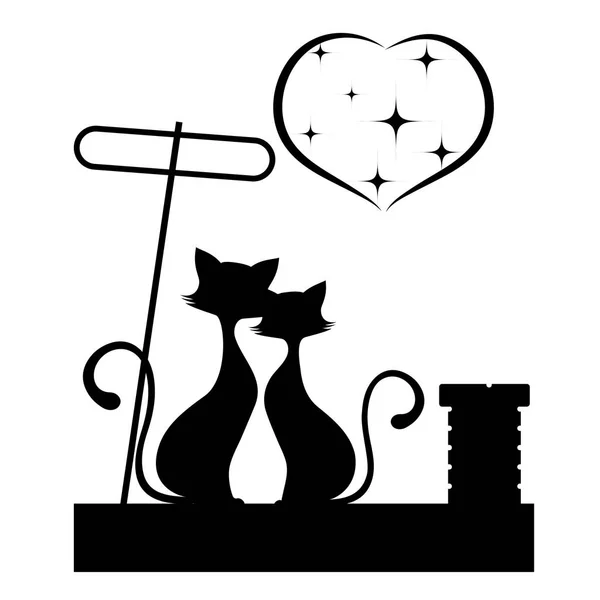 Romantic meeting of cats monochrome illustration. — Stock Vector